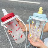 Gaeaspace  -  Kawaii Cherry Glass Tumbler With Straw Tea Filter Strap Water Bottle Aesthetic For Iced Coffee Juice Cute Flower Glass Cup 700ml