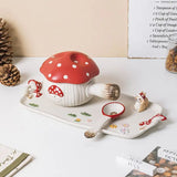 Gaeaspace  -  Red Mushroom Handle Bowl with Lid Creative Ceramic Breakfast Fruit Dessert Plate Creative Mushroom Salad Bowl Spoon Cutlery New