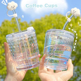 Gaeaspace  -  Kawaii Iridescent Glass Cup With Lid Straw For Coffee Water Wine Beer Juice Milk Tea Glass Cups Simple Ice Drinking Cup Gift