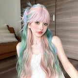 Gaeaspace  -  26 Inch Iridescent Rainbow Color Multicolour Synthetic Wigs with Bang Long Water Wave Hair Wig for Women Cosplay Heat Resistant