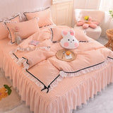 Gaeaspace  -  Korean Girl Heart Solid Color Bedding Set Cute Princess Style Cotton Bed Skirt Full Queen Size Flat Sheet Quilt Cover Pillowcase