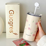 Gaeaspace  -  316 Stainless Steel Thermos Bottle For Girls Double Layer Thermal Coffee Cup With Straw Cherry Blossom Drinking Cup Travel Mugs