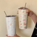 Gaeaspace  - Cute Sainless Steel Thermos Bottle Tumbler For Ice Coffee Tea Beer Juice 550ml Kawaii Thermal Cup With Straw Large Water Bottle