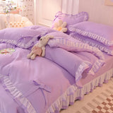 Gaeaspace  -  Purple Bedding Sets Kawaii Seersucker Bed Sheet Pillowcase Fashion Girl Princess Duvet Cover 4 Pieces Cute Home Decoration