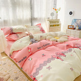 Gaeaspace  -  Kawaii Washed Cotton Bedding Set For Kids Girls Cute Print Duvet Cover Single Full Queen Size Flat Bed Sheets And Pillowcases