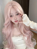 Gaeaspace  -  Pink Wig Anterior Forehead Lace Long Wavy Wigs Hair Center Split Wigs Cosplay 30 Inch Woven Daily Natural Smooth Wig