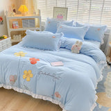 Gaeaspace  -  Ins Korean Style Bedding Set with Ruffles Princess Duvet Cover No Filling Flat Sheet Pillowcases Kit Girls Blue Pink Solid Color