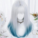 Gaeaspace  -  Women Synthetic Lolita Wig Long Straight Ombre Two Tone Silver Grey Blue Hair For Cosplay With Bangs