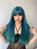 Gaeaspace  -  28Inch Teal Blue Color Synthetic Wigs With Bang Long Natural Straight Hair Wig For Women Daily Cosplay Drag Queen Heat Resistant