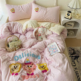 Gaeaspace  -  Washed Cotton Bedding Sets Cartoon Embroidery Four Piece Set Girl's Bedroom Decor Duvet Cover Pillowcase Bedspread Bed Cover Set