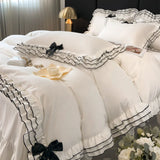 Gaeaspace   -  Korean Style Lace Ruffles Princess Bedding Set, Duvet Cover, Bed Skirt, Fitted Sheet, Flat Sheet, Pillowcases, Black Bow, White