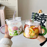 Gaeaspace  -  Kawaii Animal Glass Cup With Lid Straw Cute Flower Coffee Mug Milk Wine Hot Drinks Korean Water Juice Cup Drinkware Gift 600ml