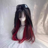 Gaeaspace  -  Black and red dyed sweet and cool princess cut long straight hair wig Gothic style simulation wig women's full head cover