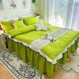 Gaeaspace  -  Ins Green Princess Bedding Sets Girl Romantic Ruffle Lace Bed Skirt Duvet Cover Solid Color Bedclothes Decor Home Textiles