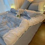 Gaeaspace  -  INS Princess Style Blue Lace Quilt Cover Girl Heart Solid Color Bed Skirt Duvet Cover Sheets Pillowcase 3/4 PCS Queen King Size