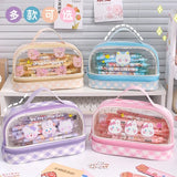 Gaeaspace  -  INS Portable Transparent Large Capacity Pen Bag Cute Girl Heart Double Layer Waterproof Makeup Bag Student Pencil Stationery Box