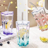 Gaeaspace  -  1set Glass Cup with Straw and Lid Five-Pointed Star Glass Color Gradient Mug Cold Drink Ice Coffee Mug Drinkware Desktop Decor