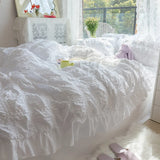 Gaeaspace  -  White Ruffled Seersucker Duvet Cover Set for Girls, Soft Princess Bedding Set with Bed Sheet, Pillowcases, 3 Pcs, 4Pcs