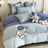 Gaeasapce  -  Blue Cute Cartoon Astronaut Embroidery 100% Cotton Boys Bedding Set Single Duvet Cover Set Bed Sheet Pillowcases Gifts For Child