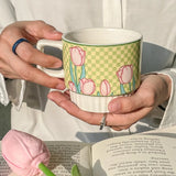 Gaeaspace  -  Tulip Flower Coffee Cup with Handle Ins Style Creative Couple for Girls Gift Cute Ceramic Mug Oatmea Breakfast Milk Wate Cup