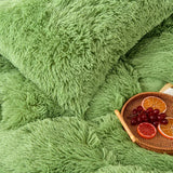 Gaeaspace  -  Long Hair Bedding Set Green Mink Flannle Velvet Fleece Duvet Cover Thicken Warm Home Linen 3/4 Heart Cushion Sheet