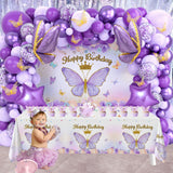 Gaeaspace  -  Purple Butterfly Birthday Party Decoration Butterfly Backdrop Tablecloth Balloons Baby Shower Kids Girl Birthday Party Supplies