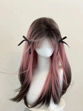 Gaeaspace  -  Synthetic Wavy Black Pink Highlights Women Wig with Bangs Lolita Cosplay Fluffy Heat Resistant Wig for Daily Party