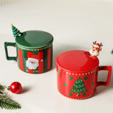 Gaeaspace  -  338ml Red Coffee Cup with Spoon Christmas Deer Decoration Mug with Lid Cartoon Ceramic Breakfast Mug Afternoon Camellia Tea Cup