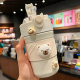 Gaeaspace  -  450ML Cute Bear Double Drink Thermos Coffee Mug With Straw Portable Stainless Steel Tumbler Insulated Cup Bottle For Kids Girls