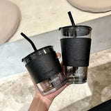 Gaeaspace  -  350/450ml Coffee Straw Cup With Lid Heat-Resistant Water Bottle Beer Drinkware Coffee Mug With Straw Deer Printed Leather Glass