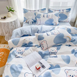 Gaeaspace  -  INS Double-sided Availability Pink Blue Cute Cat And Rabbit Bedding Set Duvet Cover Sheets With Pillowcases Full Size Bedroom