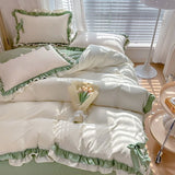 Gaeaspace  -  Spring Green Princess Bedding Set Double Layer Lace Bow Quilt Cover Sheet And Pillowcase Simple Pastoral Girl Home Textiles