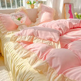 Gaeaspace  -  Princess Korean Style Bedding Set Aesthetic Queen Full King Size Solid Color Double Bed Bedspread Sheets Ruffled Duvet Cover Set