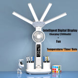 Gaeaspace  -  3in1 Multifunction Table Lamp LED Four-headed Folding With Fan Calendar Clock USB Rechargeable Desk light 3 color Reading Lamp