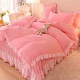 Gaeaspace  -  Pink Princess Girls Ruffle Lace Bedding Sets Luxury Quilt Cover Bed Sheet and Pillowcases Soft Bedclothes Decor Home