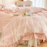 Gaeasapce  -  Pink Romantic French Princess Bedding Set, Lace Ruffles Duvet Cover, Bed Sheet, Bed Skirt, Bedspread, Pillowcases, 100% Cotton