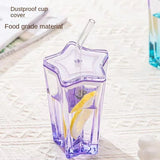 Gaeaspace  -  1set Glass Cup with Straw and Lid Five-Pointed Star Glass Color Gradient Mug Cold Drink Ice Coffee Mug Drinkware Desktop Decor