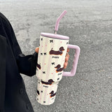 Gaeaspace  -  1200ml Kawaii Puppy Thermos Mug Tumbler For Ice Coffee Water Tea Large Cute Stainless Steel Car Thermal Cups With Straw Handle