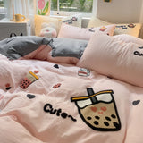 Gaeaspace  -  MIlk Tea Cartoon Duvet Cover Embroidery Bedding Set Queen Twin Size Kawaii Comforter Covers with Pillowcases for Girls Women