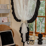 Gaeaspace  -  Korean White Flower Jacquard Tulle Curtain For Living Room Bedroom Black Ruffled Lace Sheer Veil Drapes For Kitchen Door Decor