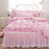 Gaeaspace  -  Princess Girl Pink Bedding Skirt Sheet With Lace Korean Solid Color Bed Cover Pillowcase Decor Bedroom Wedding Couple Bedclothes