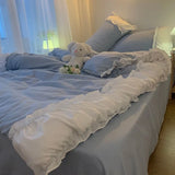 Gaeaspace  -  INS Princess Style Blue Lace Quilt Cover Girl Heart Solid Color Bed Skirt Duvet Cover Sheets Pillowcase 3/4 PCS Queen King Size