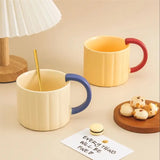 Gaeaspace  -  Korean Style Ins Macaron Color Mug Simple Niche Design Vertical Pattern Ceramic Cup with Handle Coffee Cup Spoon suit