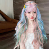 Gaeaspace  -  26 Inch Iridescent Rainbow Color Multicolour Synthetic Wigs with Bang Long Water Wave Hair Wig for Women Cosplay Heat Resistant