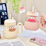 Gaeaspace  -  600ml Kawaii Glass Cup With Lid And Straw For Ice Hot Coffee Water Tea Juice Glass Mug Bottle Aesthetic Large Drink Bottle Gift