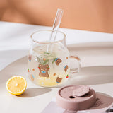 Gaeaspace  -  1pc 500ml Cartoon Bear Glass Cup With Lid And Straw High Borosilicate Water Mug With Handle Iced Coffee Cups Drinking Glasses