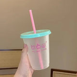 Gaeaspace  -  Cute Cartoon Coffee Cups Transparent Plastic Straw Water Bottles Reusable Large Capacity Korean Style Portable Milk Tea Cup