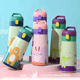 Gaeaspace  -  1pc 350ml 500ml Kids Stainless Steel Straw Thermos Mug with Case Cartoon Leak-Proof Vacuum Flask Children Thermal Water Bottle