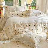 Gaeaspace   -  Korean Princess Style Bedding Set, Lace Patchwork, Embroidery Ruffles, Duvet Cover Set, Bed Sheet, Pillowcases, 4Pcs