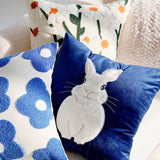 Gaeaspace  -  Cartoon Blue Rabbit Embroidered Pastoral Floral Cushion Cover Pillow Cover for Sofa Bedroom